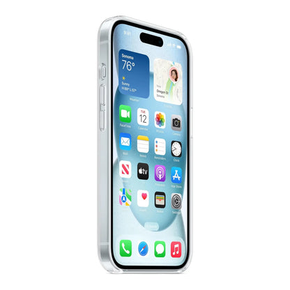 Das Bild zeigt die Apple iPhone Handyhülle MXRK3ZM/A aus Polykarbonat. Sie ist kompatibel mit dem iPhone 15. In der Farbe Transparent aus der Seitenansicht.