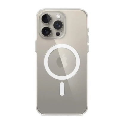 Das Bild zeigt die Apple iPhone Handyhülle aus MT233ZM/A Polykarbonat. Sie ist kompatibel mit dem iPhone 15 Pro Max. In der Farbe Transparent aus der Frontansicht.