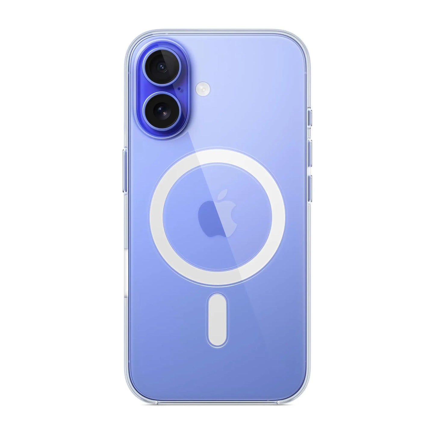 Das Bild zeigt die Apple iPhone Handyhülle MA6A4ZM/A aus Polykarbonat. Sie ist kompatibel mit dem iPhone 16. In der Farbe Transparent aus der Frontansicht.