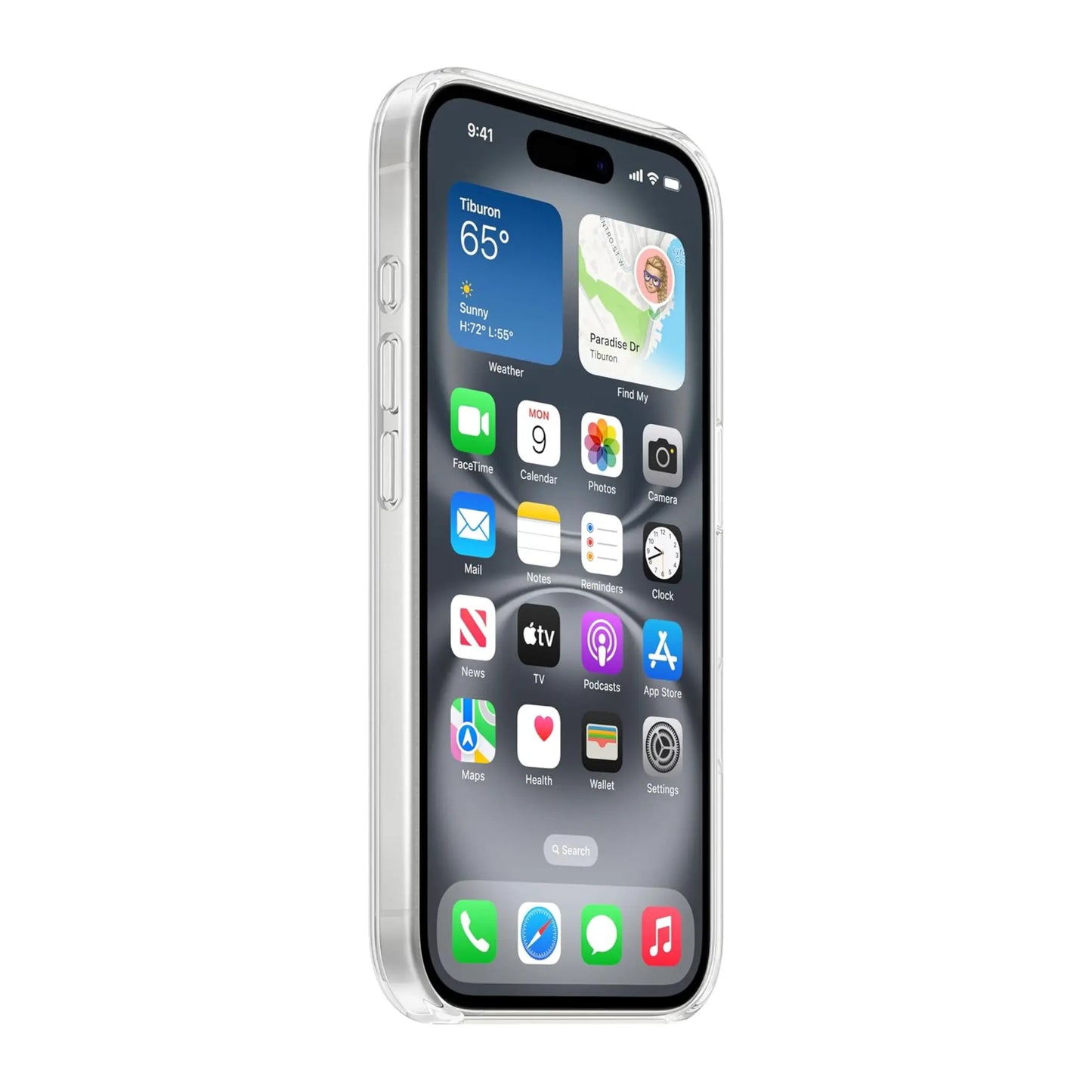 Das Bild zeigt die Apple iPhone Handyhülle MA6A4ZM/A aus Polykarbonat. Sie ist kompatibel mit dem iPhone 16. In der Farbe Transparent aus der Schrägansicht.