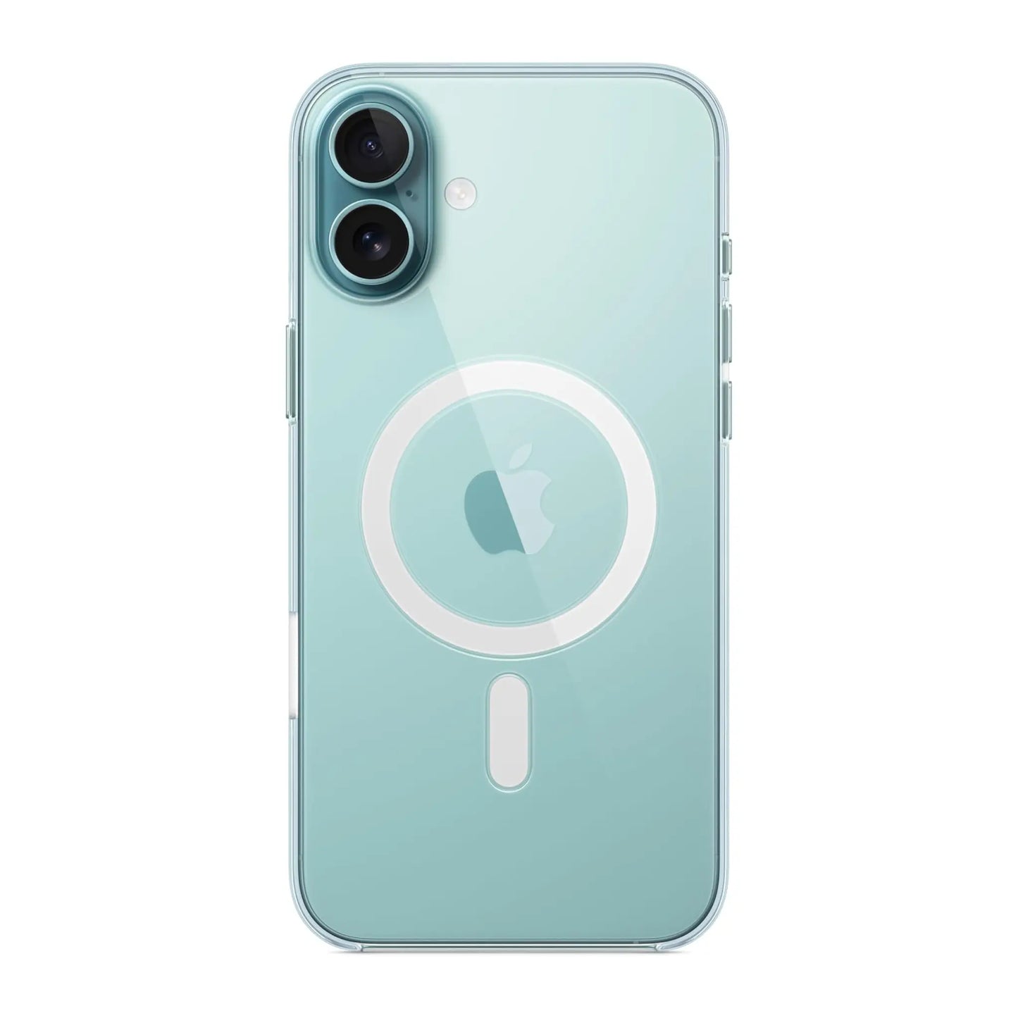 Das Bild zeigt die Apple iPhone Handyhülle MA7D4ZM/A aus Polykarbonat. Sie ist kompatibel mit dem iPhone 16 Plus. In der Farbe Transparent aus der Frontansicht.