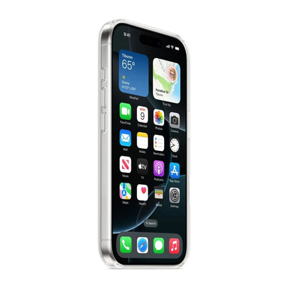 Das Bild zeigt die Apple iPhone Handyhülle MA7D4ZM/A aus Polykarbonat. Sie ist kompatibel mit dem iPhone 16 Plus. In der Farbe Transparent aus der Schrägansicht.