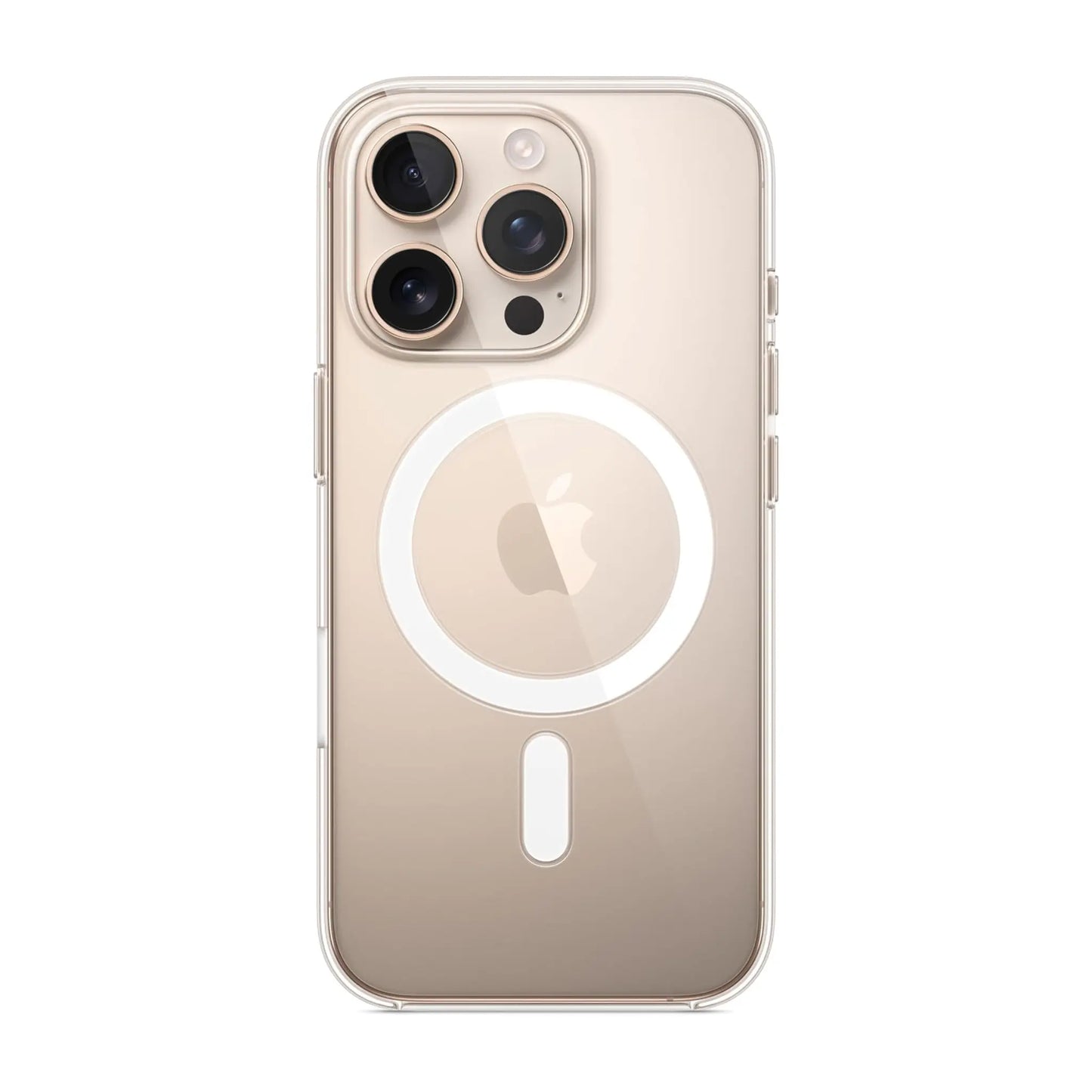 Das Bild zeigt die Apple iPhone Handyhülle MA7E4ZM/A aus Polykarbonat. Sie ist kompatibel mit dem iPhone 16 Pro. In der Farbe Transparent aus der Frontansicht.