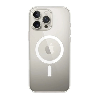 Das Bild zeigt die Apple iPhone Handyhülle MA7F4ZM/A aus Polykarbonat. Sie ist kompatibel mit dem iPhone 16 Pro Max. In der Farbe Transparent aus der Frontansicht.