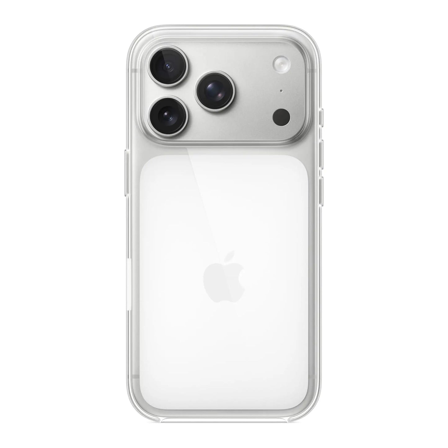 Das Bild zeigt die Apple iPhone Handyhülle MGFT4ZM/A aus Polykarbonat. Sie ist kompatibel mit dem iPhone 17 Pro. In der Farbe Transparent aus der Frontansicht.