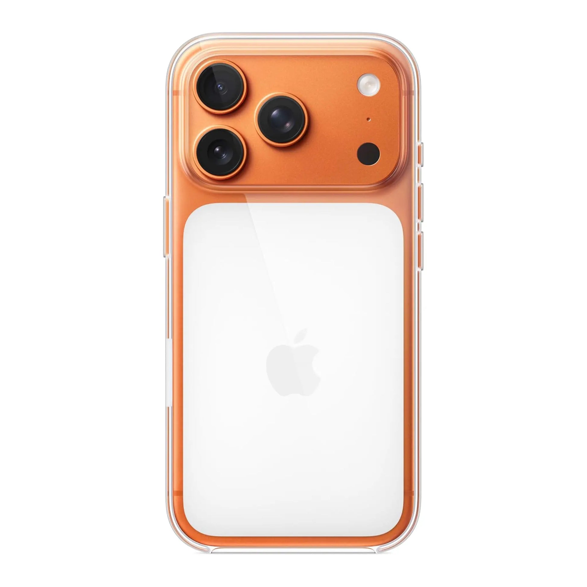 Das Bild zeigt die Apple iPhone Handyhülle MGFT4ZM/A aus Polykarbonat. Sie ist kompatibel mit dem iPhone 17 Pro. In der Farbe Transparent aus der Detailansicht.