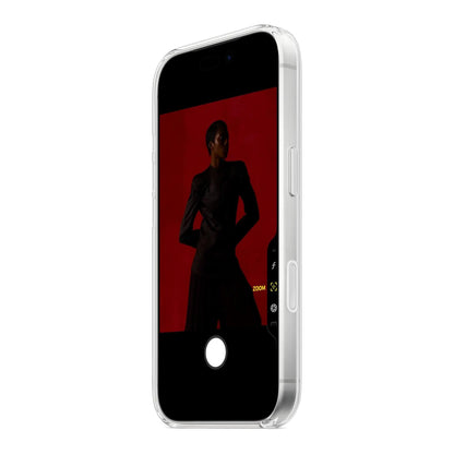 Das Bild zeigt die Apple iPhone Handyhülle MGFW4ZM/A aus Polykarbonat. Sie ist kompatibel mit dem iPhone 17 Pro Max. In der Farbe Transparent aus der Schrägansicht.