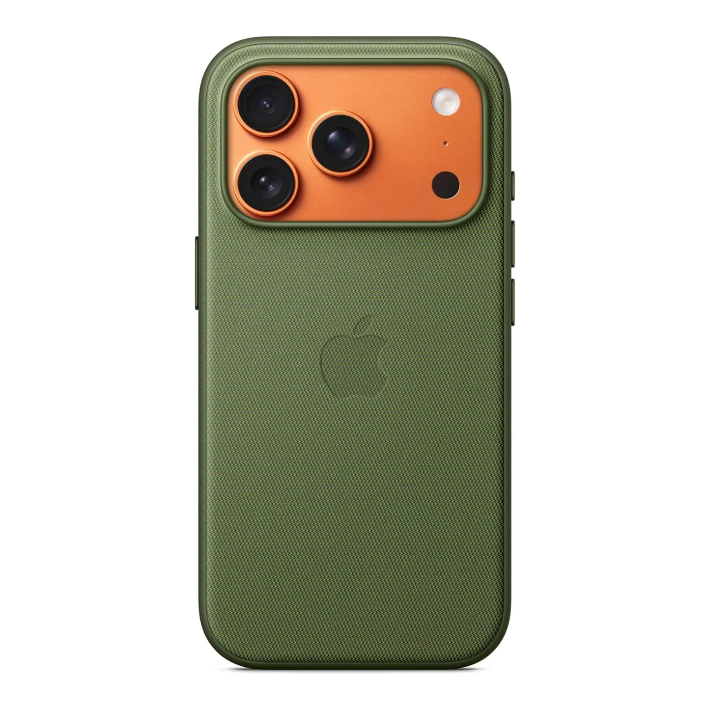 Das Bild zeigt die Apple iPhone Handyhülle MGF74ZM/A aus Funktionsgewebe. Sie ist kompatibel mit dem iPhone 17 Pro. In der Farbe Grün aus der Frontansicht.