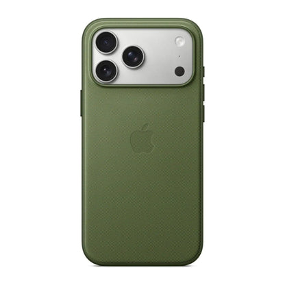 Das Bild zeigt die Apple iPhone Handyhülle MGFD4ZM/A aus Funktionsgewebe. Sie ist kompatibel mit dem iPhone 17 Pro Max. In der Farbe Grün aus der Frontansicht.