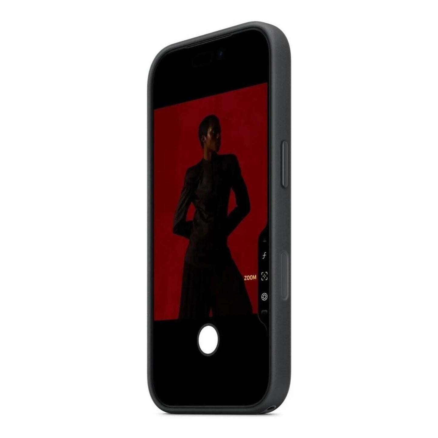 Das Bild zeigt die Apple iPhone Handyhülle MGF84ZM/A aus Funktionsgewebe. Sie ist kompatibel mit dem iPhone 17 Pro Max. In der Farbe Schwarz aus der Schrägansicht.