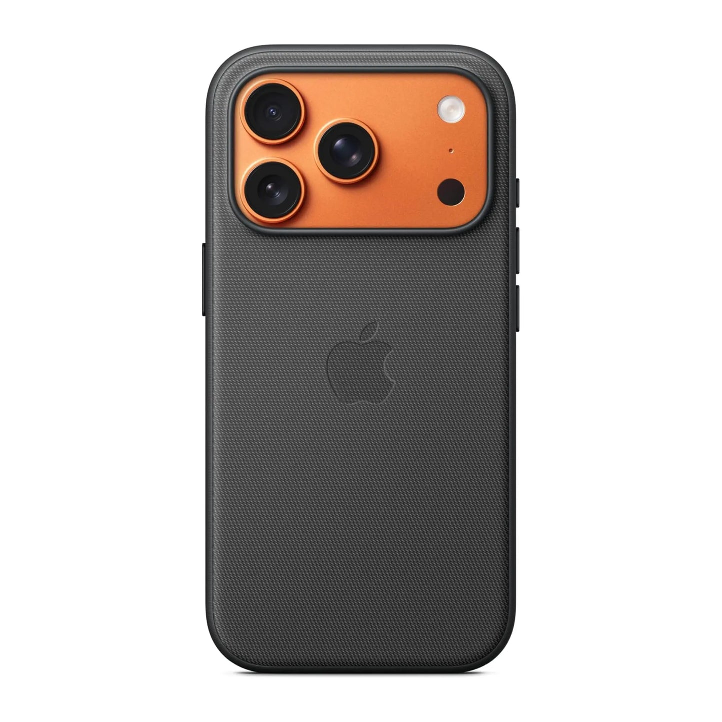 Das Bild zeigt die Apple iPhone Handyhülle MGF34ZM/A aus Funktionsgewebe. Sie ist kompatibel mit dem iPhone 17 Pro. In der Farbe Schwarz aus der Frontansicht.
