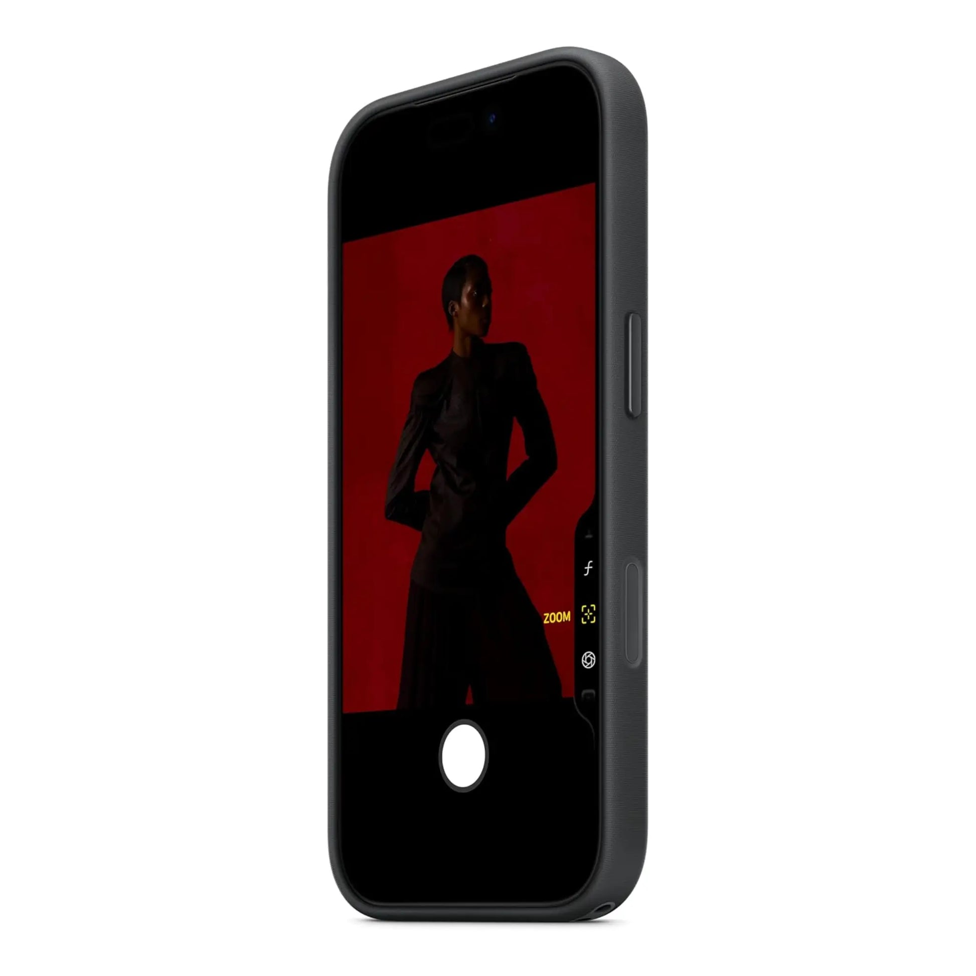 Das Bild zeigt die Apple iPhone Handyhülle MGF34ZM/A aus Funktionsgewebe. Sie ist kompatibel mit dem iPhone 17 Pro. In der Farbe Schwarz aus der Schrägansicht.