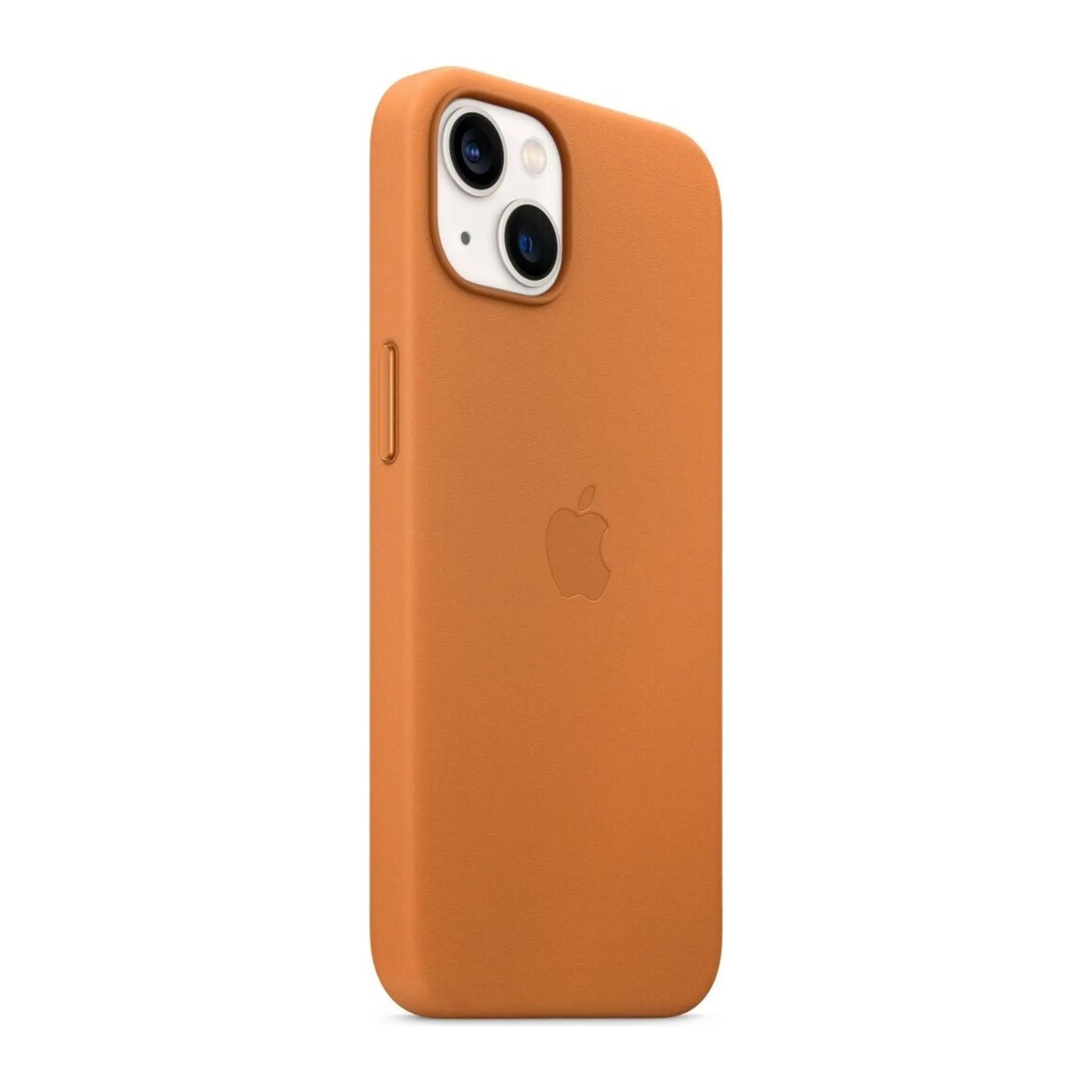 Das Bild zeigt die Apple iPhone Handyhülle MM103ZM/A aus Leder. Sie ist kompatibel mit dem iPhone 13. In der Farbe Goldbraun aus der Schrägansicht.