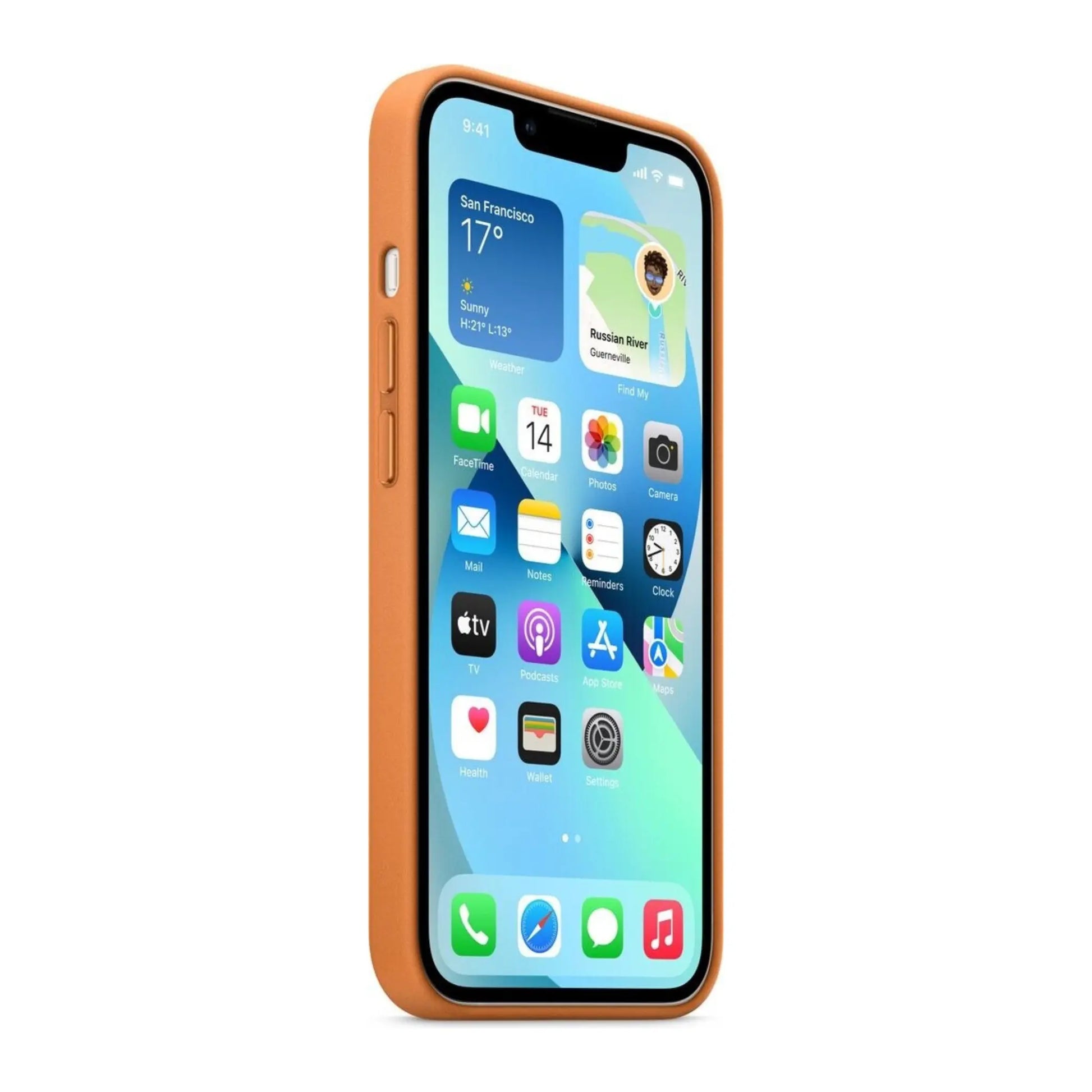 Das Bild zeigt die Apple iPhone Handyhülle MM103ZM/A aus Leder. Sie ist kompatibel mit dem iPhone 13. In der Farbe Goldbraun aus der Seitenansicht.
