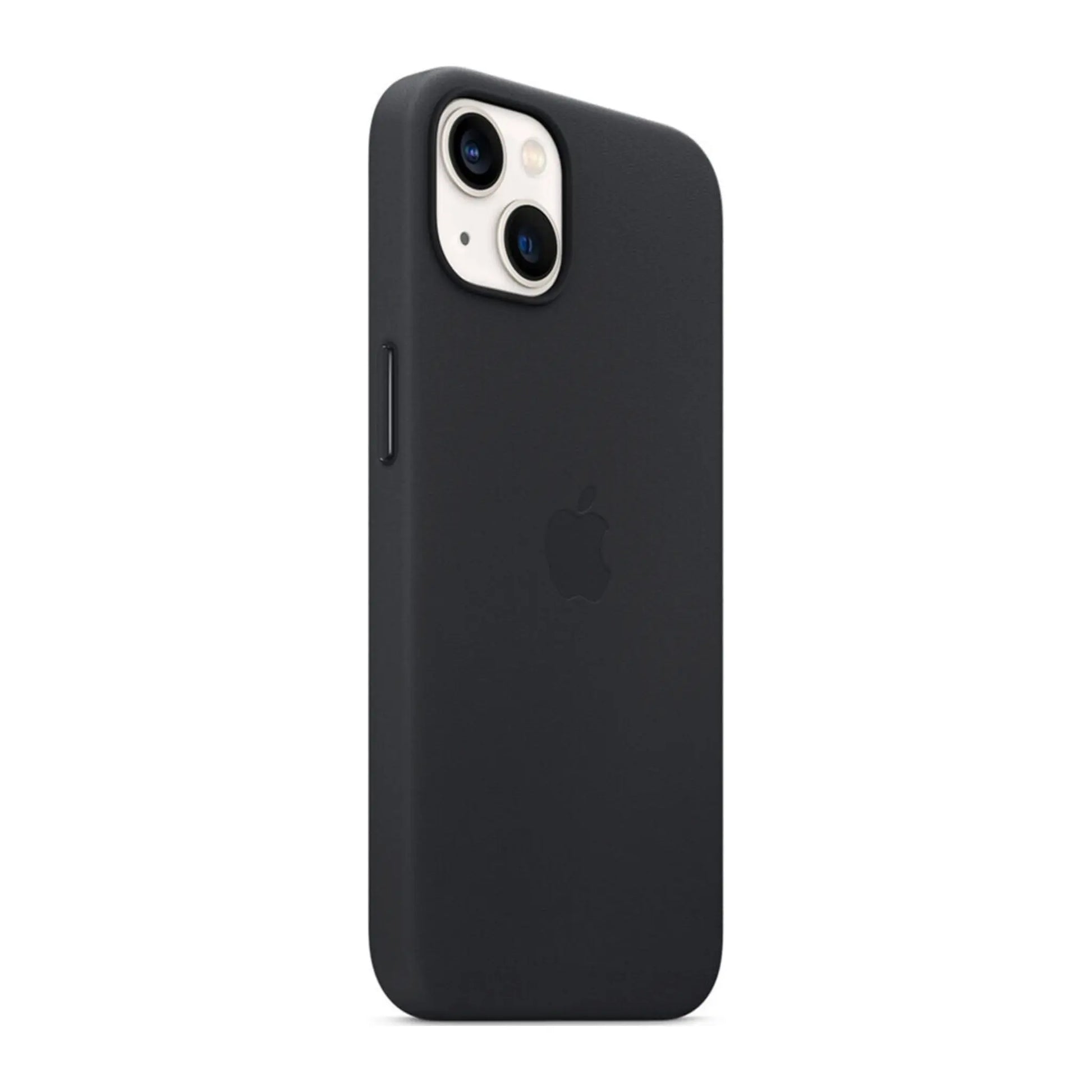Das Bild zeigt die Apple iPhone Handyhülle MM183ZM/A aus Leder. Sie ist kompatibel mit dem iPhone 13. In der Farbe Mitternacht aus der Schrägansicht.