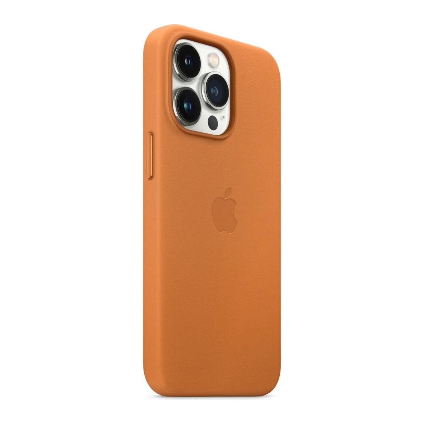 Das Bild zeigt die Apple iPhone Handyhülle MM193ZM/A aus Leder. Sie ist kompatibel mit dem iPhone 13 Pro. In der Farbe Goldbraun aus der Schrägansicht.