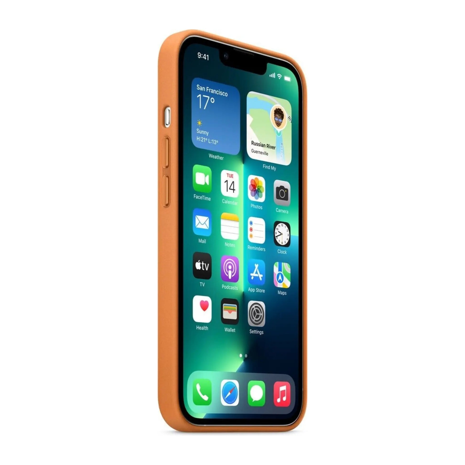 Das Bild zeigt die Apple iPhone Handyhülle MM193ZM/A aus Leder. Sie ist kompatibel mit dem iPhone 13 Pro. In der Farbe Goldbraun aus der Seitenansicht.