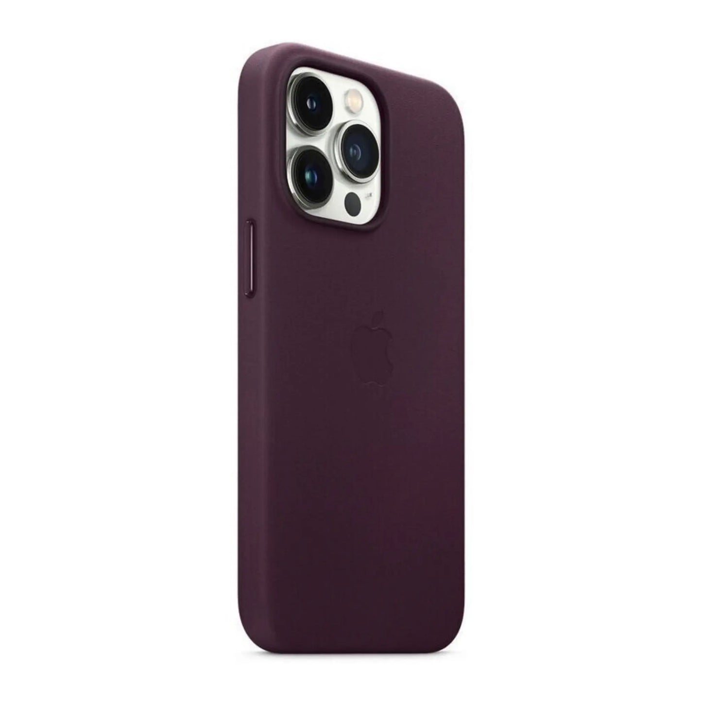 Das Bild zeigt die Apple iPhone Handyhülle MM2H3ZM/A aus Leder. Sie ist kompatibel mit dem iPhone 13 Pro Max. In der Farbe Dunkelkirsch aus der Schrägansicht.