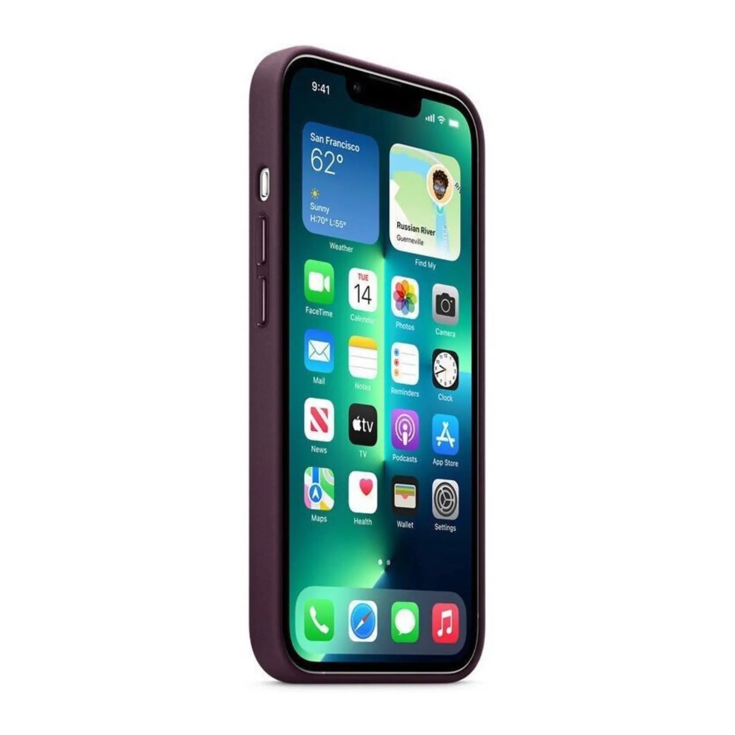 Das Bild zeigt die Apple iPhone Handyhülle MM2H3ZM/A aus Leder. Sie ist kompatibel mit dem iPhone 13 Pro Max. In der Farbe Dunkelkirsch aus der Seitenansicht.