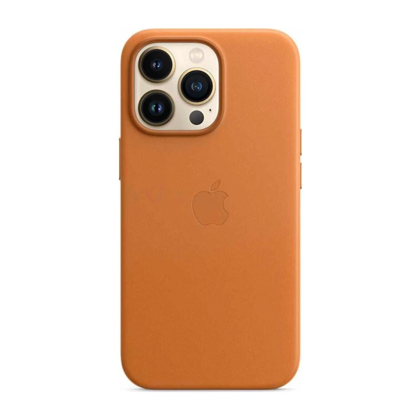 Das Bild zeigt die Apple iPhone Handyhülle MM1L3ZM/A aus Leder. Sie ist kompatibel mit dem iPhone 13 Pro Max. In der Farbe Goldbraun aus der Frontansicht.