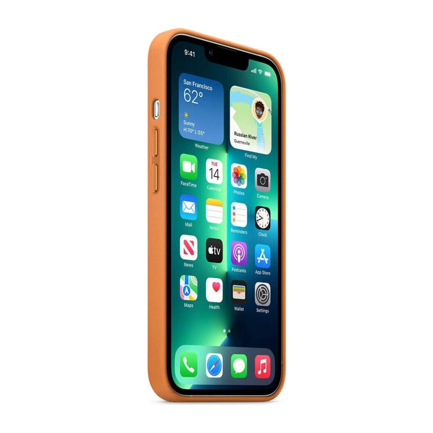 Das Bild zeigt die Apple iPhone Handyhülle MM1L3ZM/A aus Leder. Sie ist kompatibel mit dem iPhone 13 Pro Max. In der Farbe Goldbraun aus der Seitenansicht.
