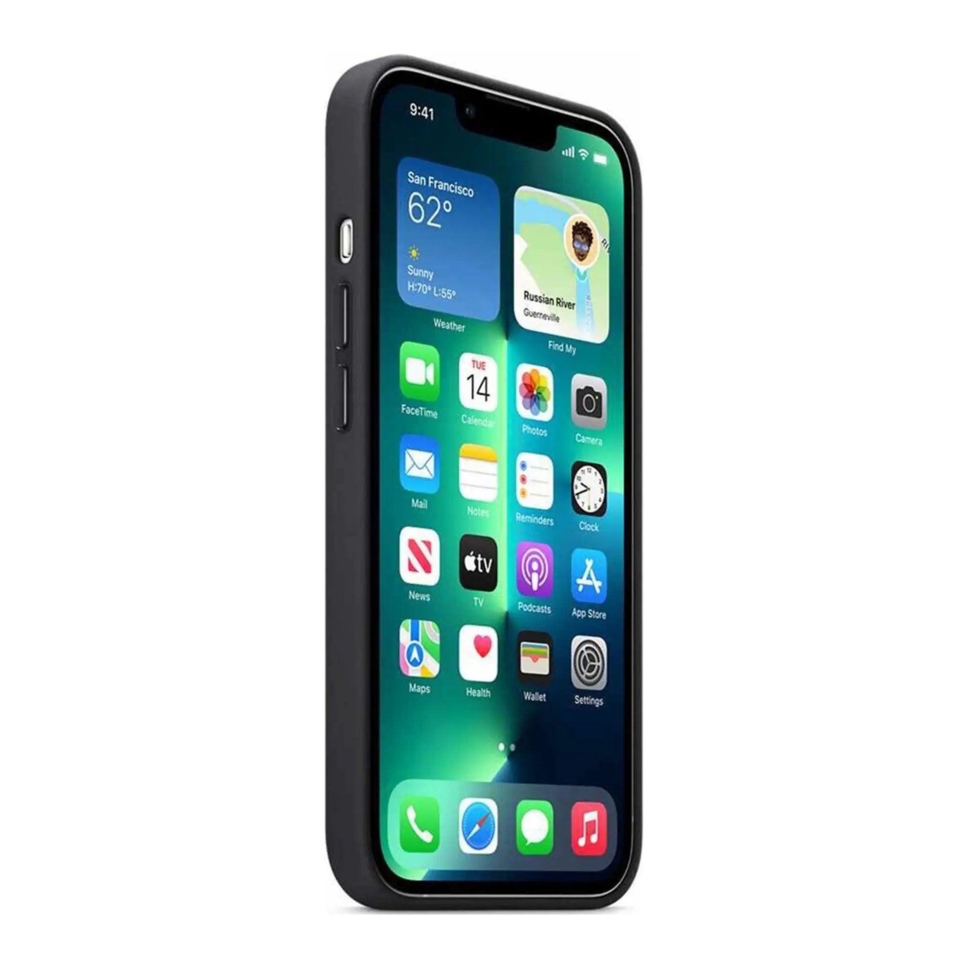 Das Bild zeigt die Apple iPhone Handyhülle MM1R3ZM/A aus Leder. Sie ist kompatibel mit dem iPhone 13 Pro Max. In der Farbe Mitternacht aus der Seitenansicht.