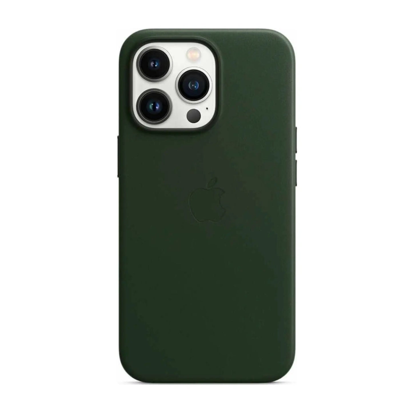 Das Bild zeigt die Apple iPhone Handyhülle MM2K3ZM/A aus Leder. Sie ist kompatibel mit dem iPhone 13 Pro Max. In der Farbe Schwarzgrün aus der Frontansicht.