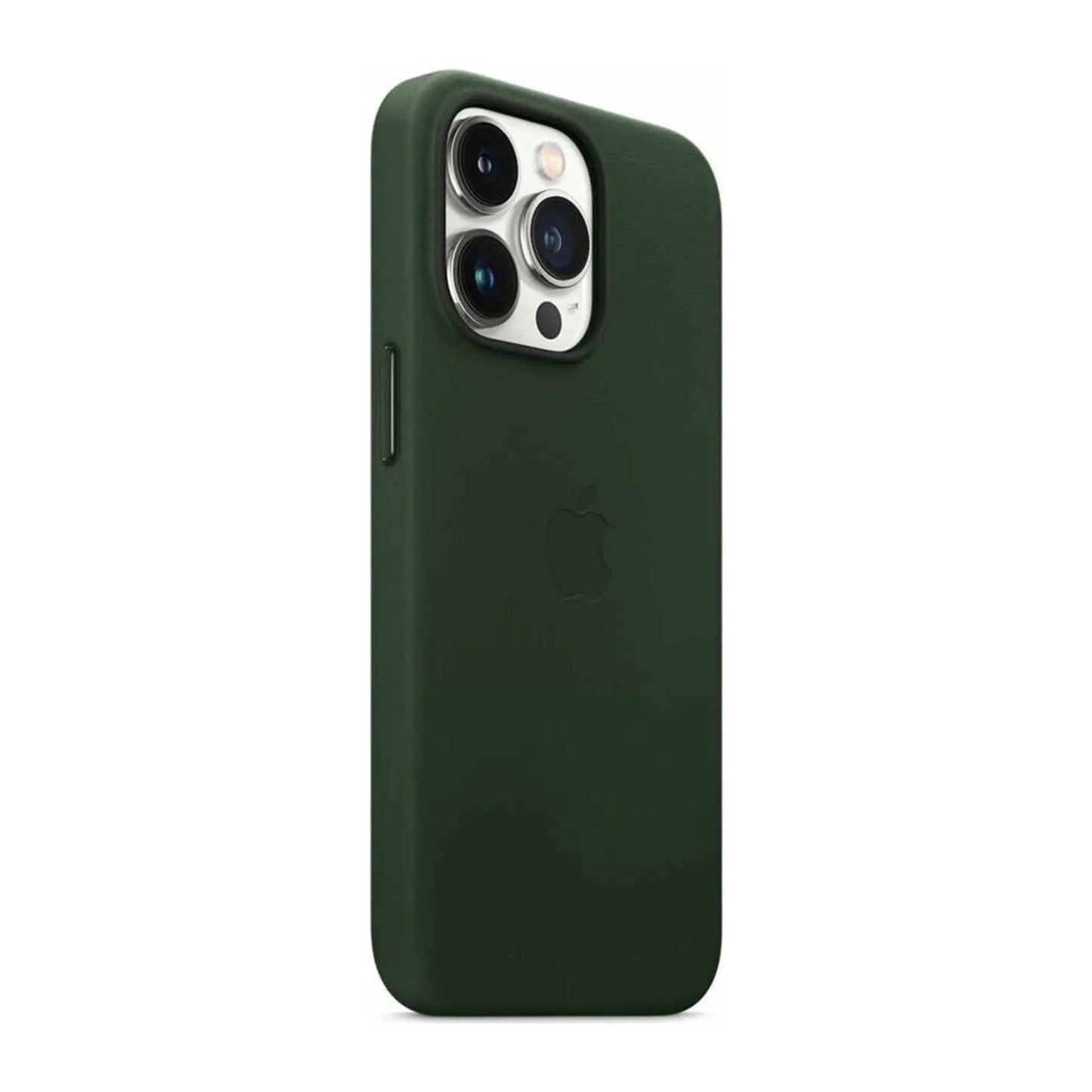 Das Bild zeigt die Apple iPhone Handyhülle MM2K3ZM/A aus Leder. Sie ist kompatibel mit dem iPhone 13 Pro Max. In der Farbe Schwarzgrün aus der Schrägansicht.