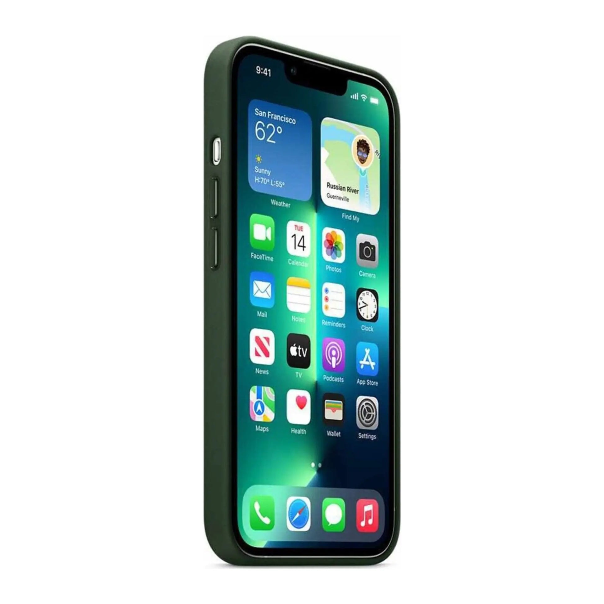 Das Bild zeigt die Apple iPhone Handyhülle MM2K3ZM/A aus Leder. Sie ist kompatibel mit dem iPhone 13 Pro Max. In der Farbe Schwarzgrün aus der Seitenansicht.