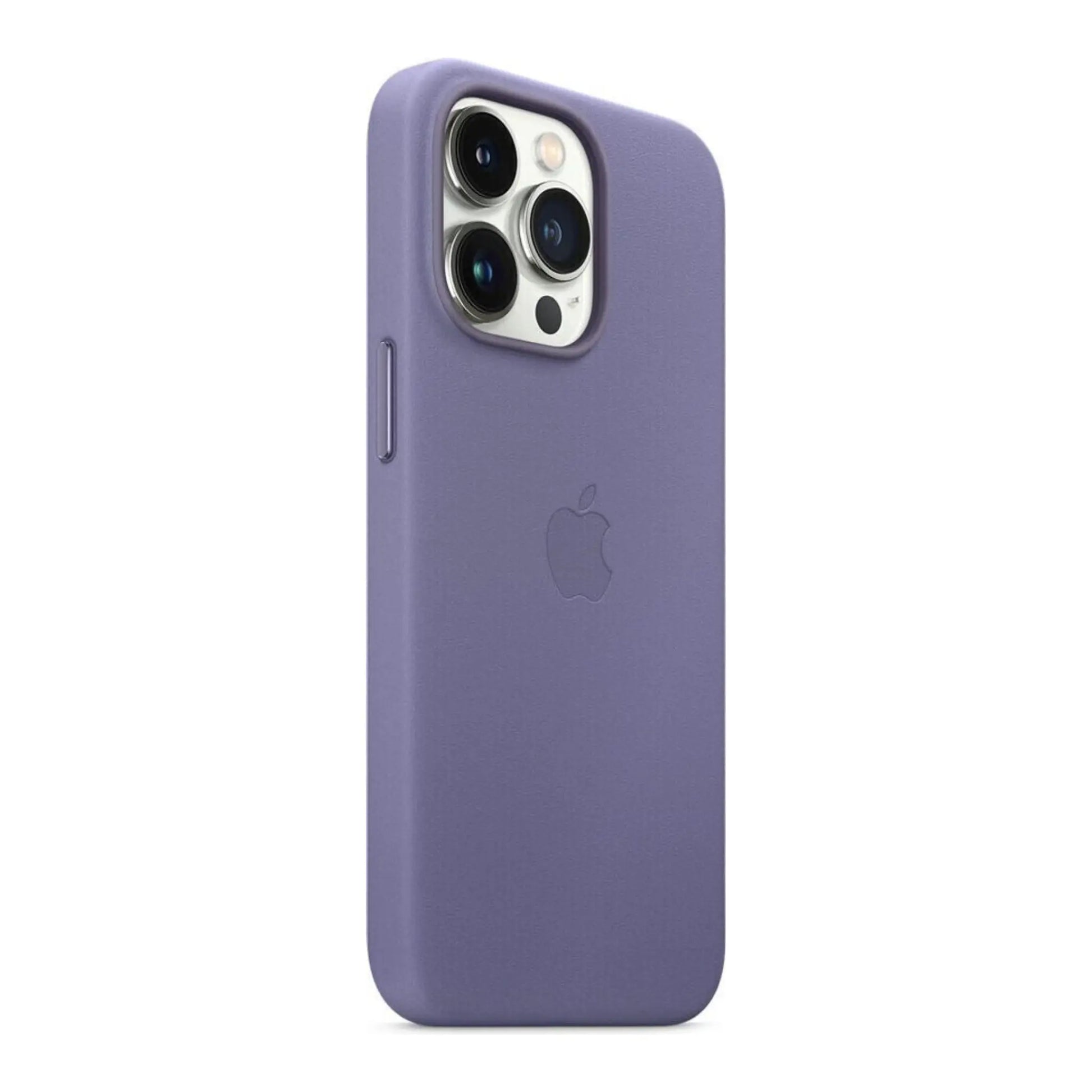 Das Bild zeigt die Apple iPhone Handyhülle MM1P3ZM/A aus Leder. Sie ist kompatibel mit dem iPhone 13 Pro Max. In der Farbe Wisteria aus der Schrägansicht.