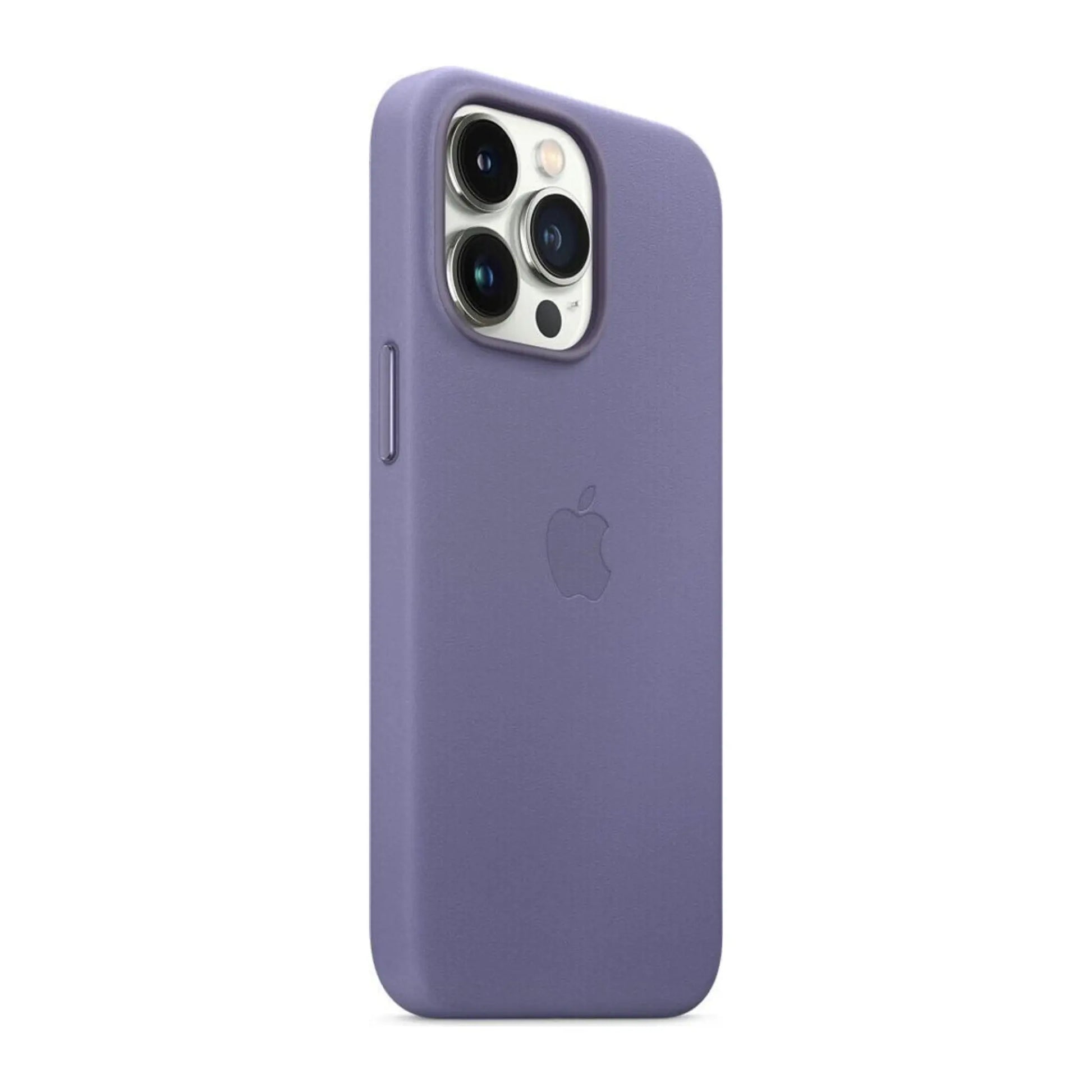 Das Bild zeigt die Apple iPhone Handyhülle MM2L3ZM/A aus Leder. Sie ist kompatibel mit dem iPhone 13 Pro. In der Farbe Wisteria aus der Schrägansicht.