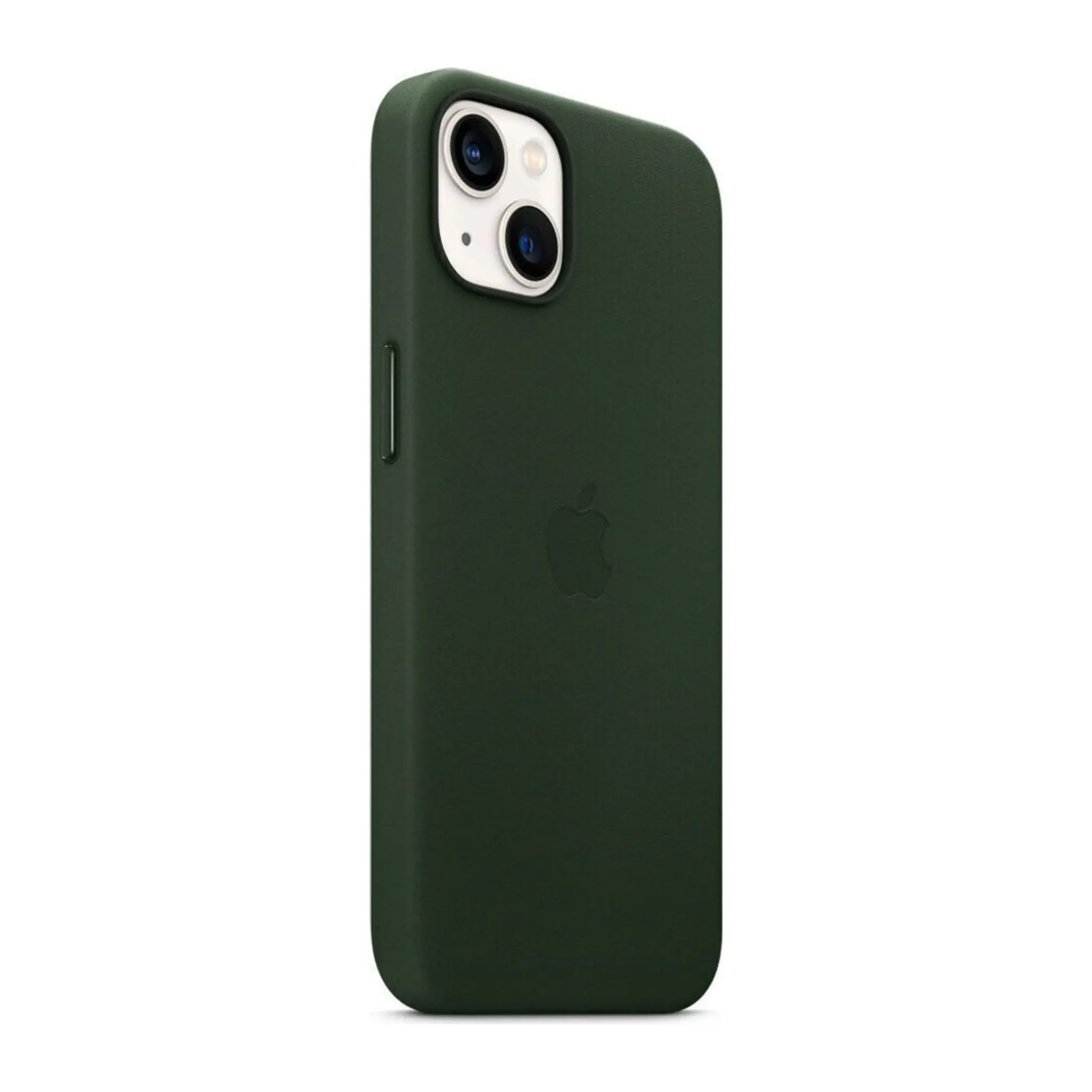 Das Bild zeigt die Apple iPhone Handyhülle MM173ZM/A aus Leder. Sie ist kompatibel mit dem iPhone 13. In der Farbe Schwarzgrün aus der Schrägansicht.