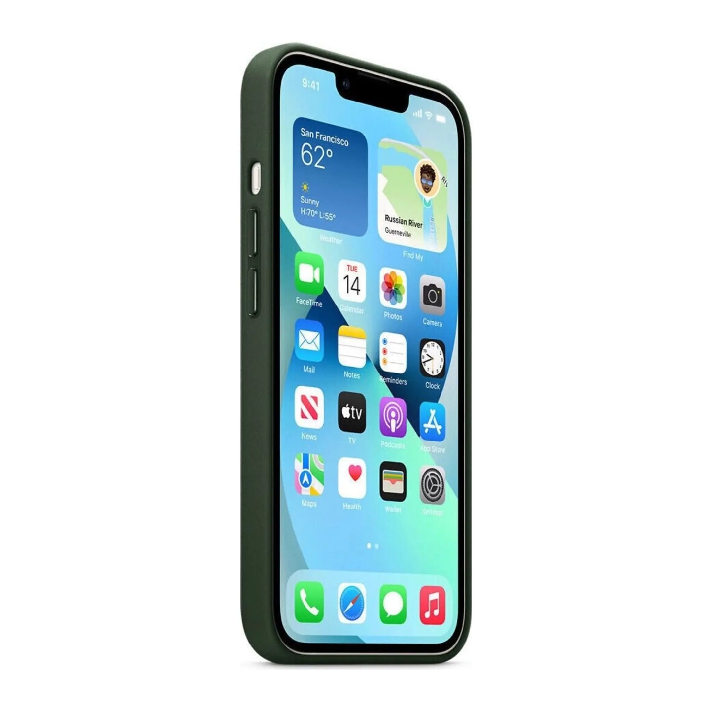 Das Bild zeigt die Apple iPhone Handyhülle MM173ZM/A aus Leder. Sie ist kompatibel mit dem iPhone 13. In der Farbe Schwarzgrün aus der Seitenansicht.