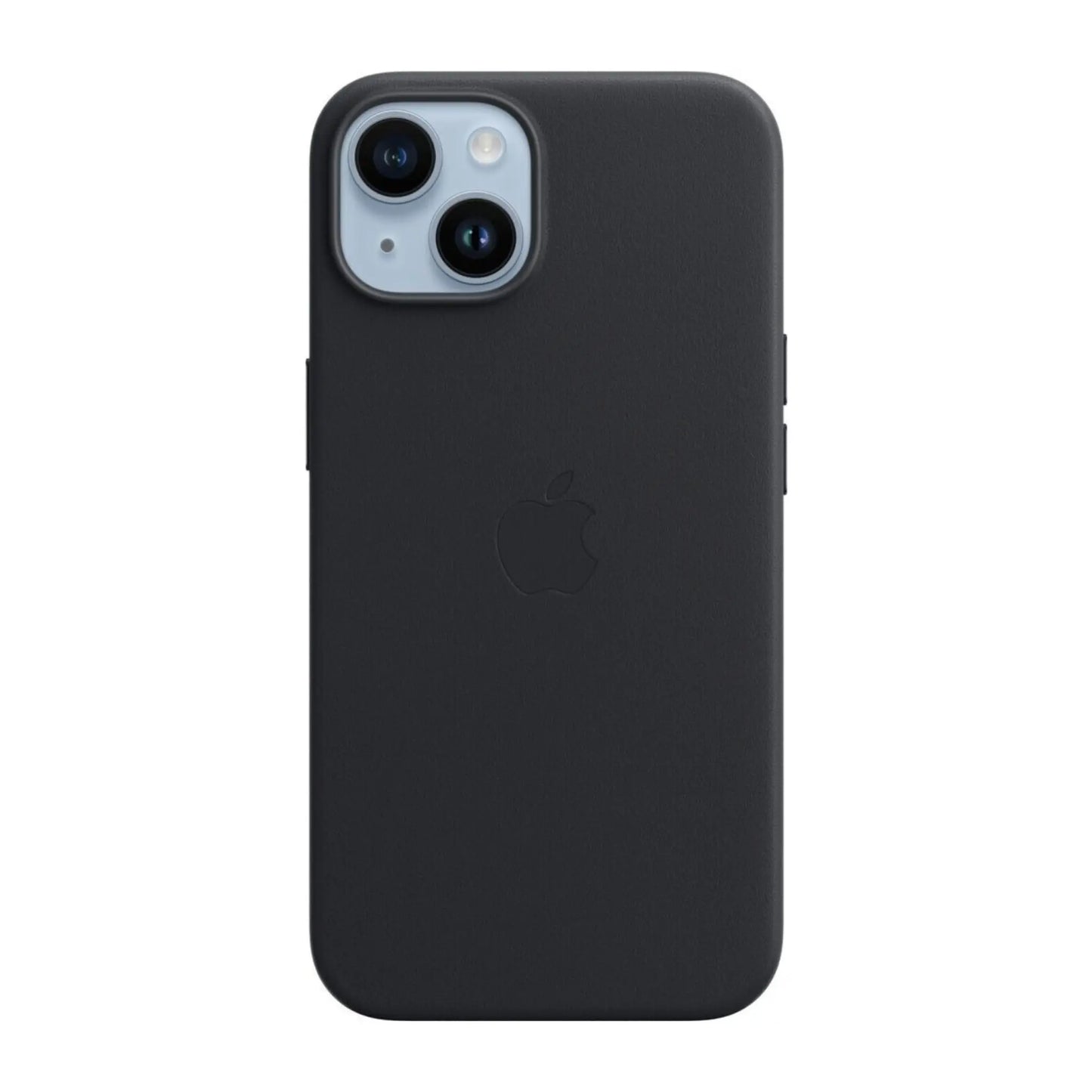 Das Bild zeigt die Apple iPhone Handyhülle MPP43ZM/A aus Leder. Sie ist kompatibel mit dem iPhone 14. In der Farbe Mitternacht aus der Frontansicht.