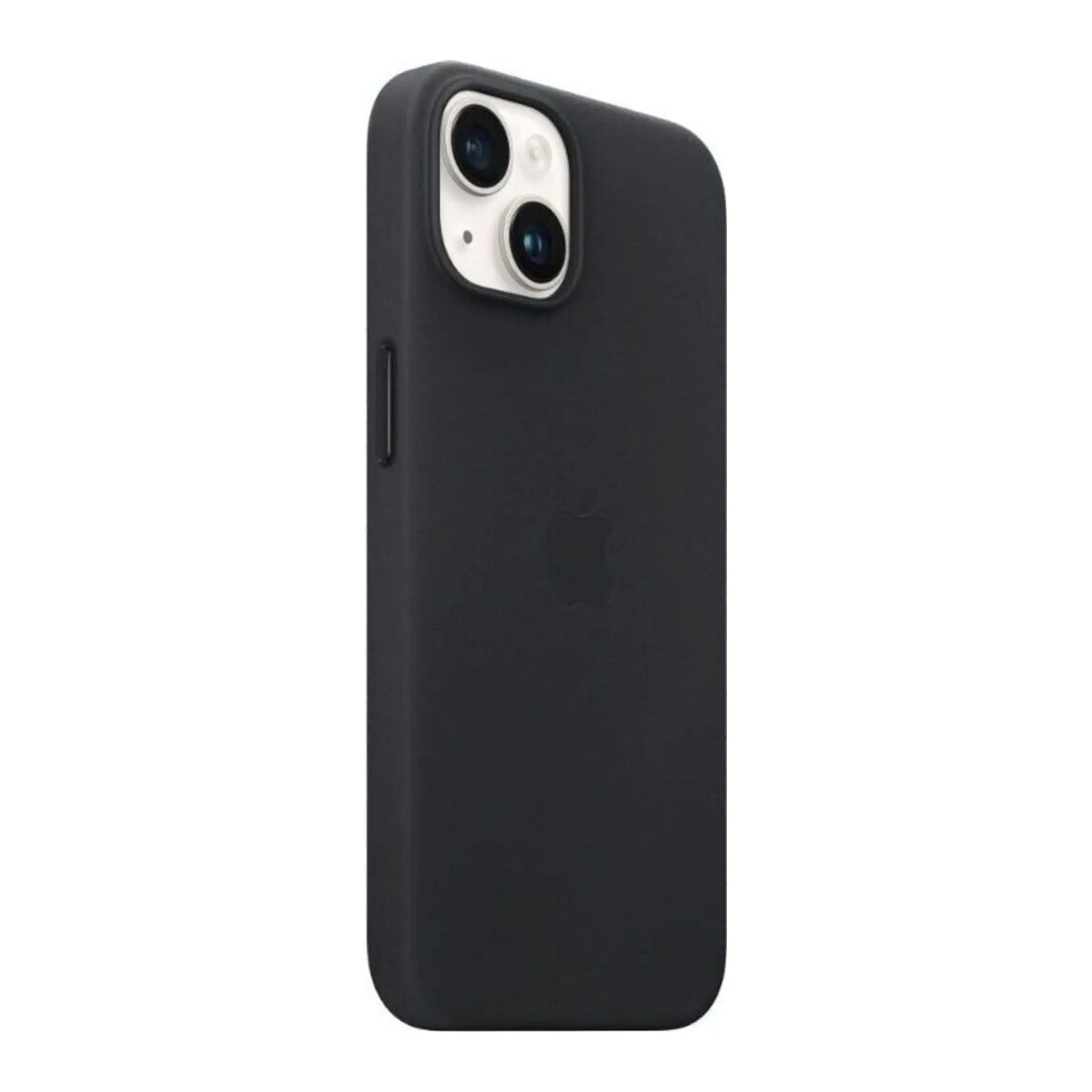 Das Bild zeigt die Apple iPhone Handyhülle MPP43ZM/A aus Leder. Sie ist kompatibel mit dem iPhone 14. In der Farbe Mitternacht aus der Schrägansicht.