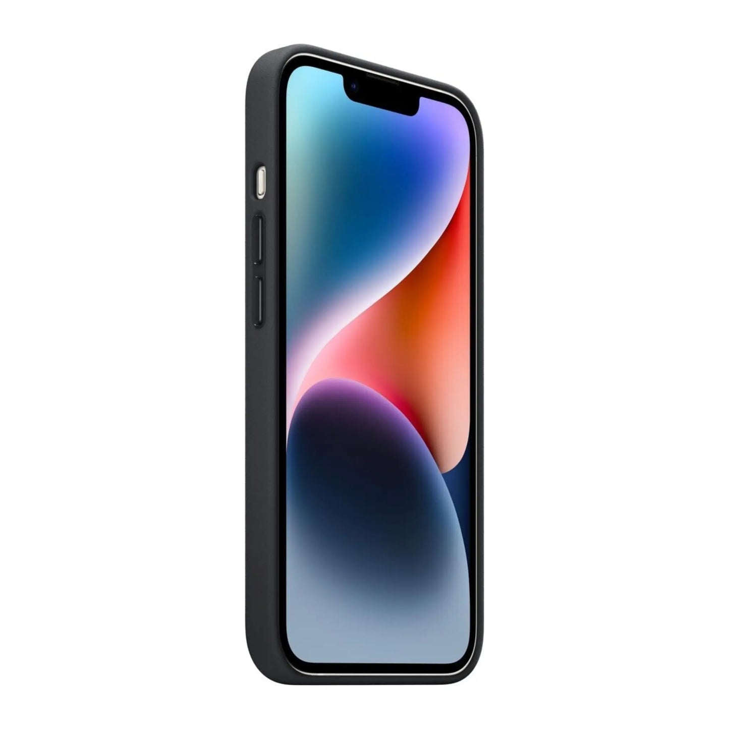 Das Bild zeigt die Apple iPhone Handyhülle MPP43ZM/A aus Leder. Sie ist kompatibel mit dem iPhone 14. In der Farbe Mitternacht aus der Seitenansicht.