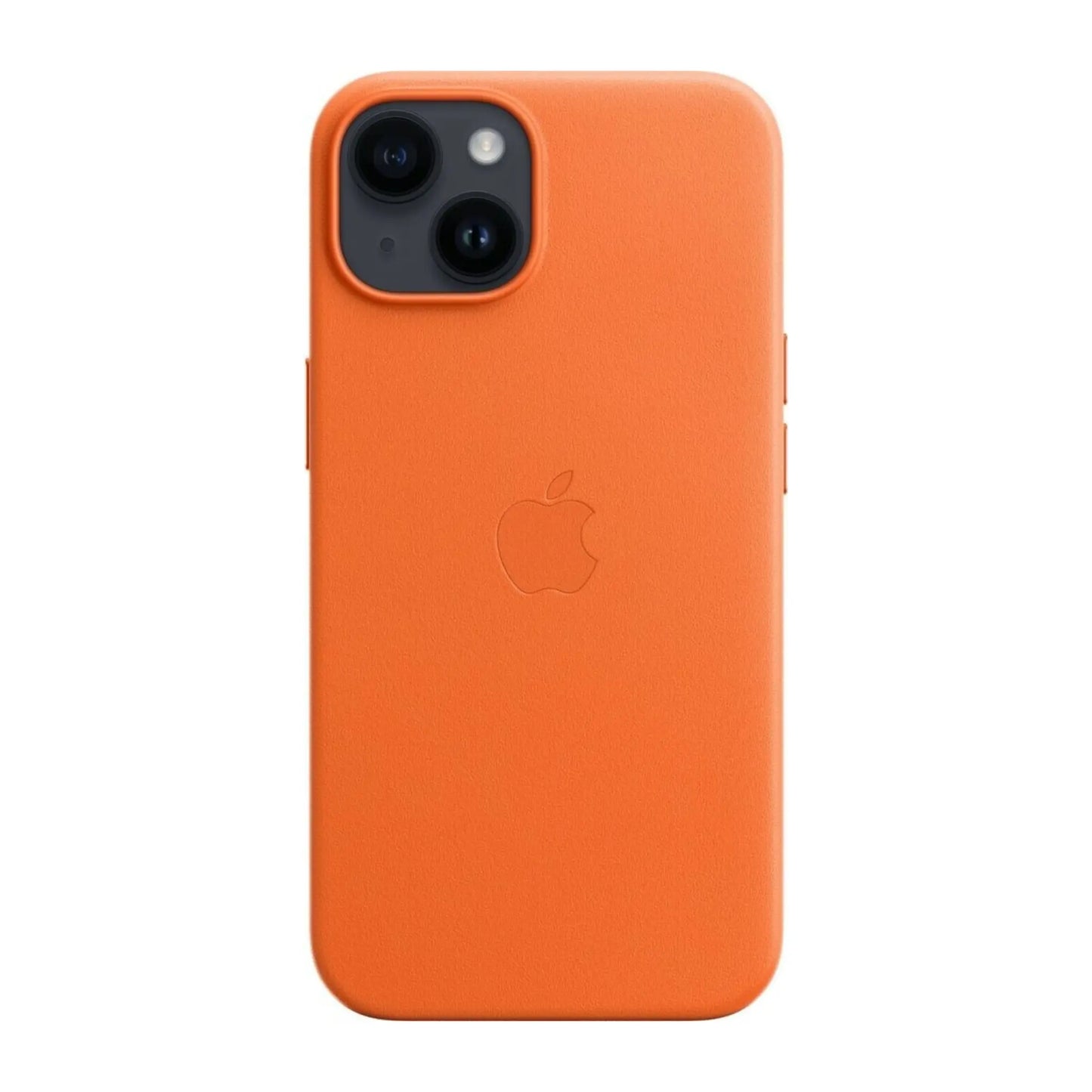 Das Bild zeigt die Apple iPhone Handyhülle MPP83ZM/A aus Leder. Sie ist kompatibel mit dem iPhone 14. In der Farbe Orange aus der Frontansicht.