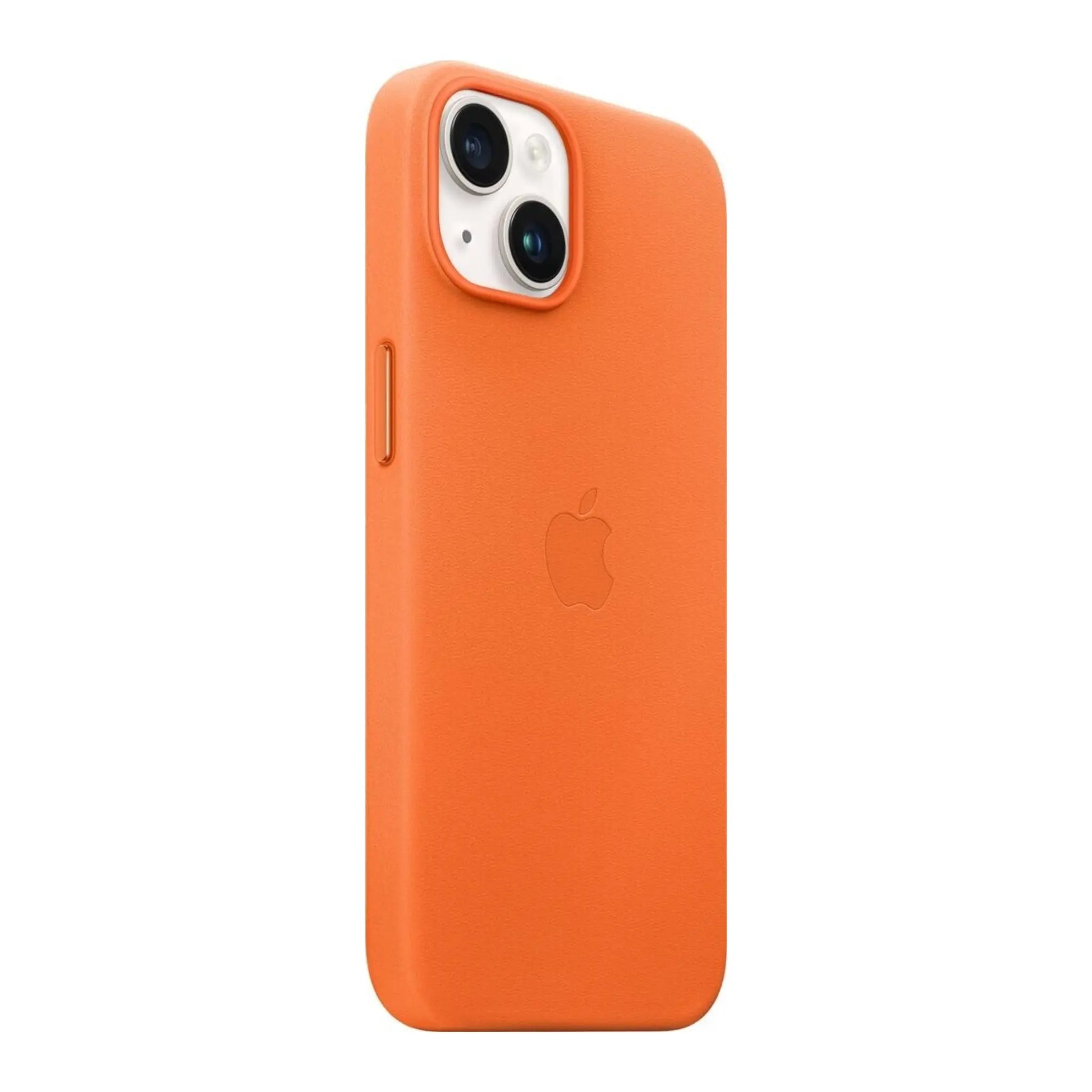 Das Bild zeigt die Apple iPhone Handyhülle MPP83ZM/A aus Leder. Sie ist kompatibel mit dem iPhone 14. In der Farbe Orange aus der Schrägansicht.