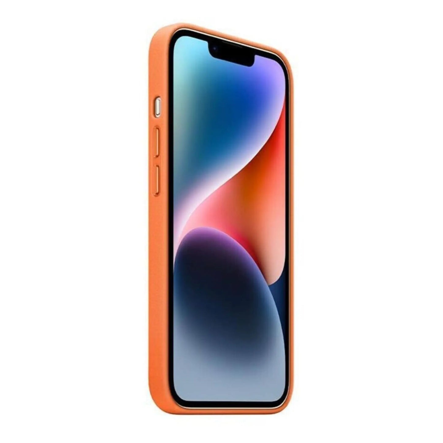 Das Bild zeigt die Apple iPhone Handyhülle MPP83ZM/A aus Leder. Sie ist kompatibel mit dem iPhone 14. In der Farbe Orange aus der Seitenansicht.