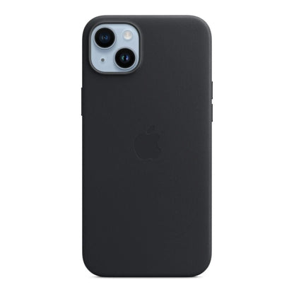 Das Bild zeigt die Apple iPhone Handyhülle MPP93ZM/A aus Leder. Sie ist kompatibel mit dem iPhone 14 Plus. In der Farbe Mitternacht aus der Frontansicht.