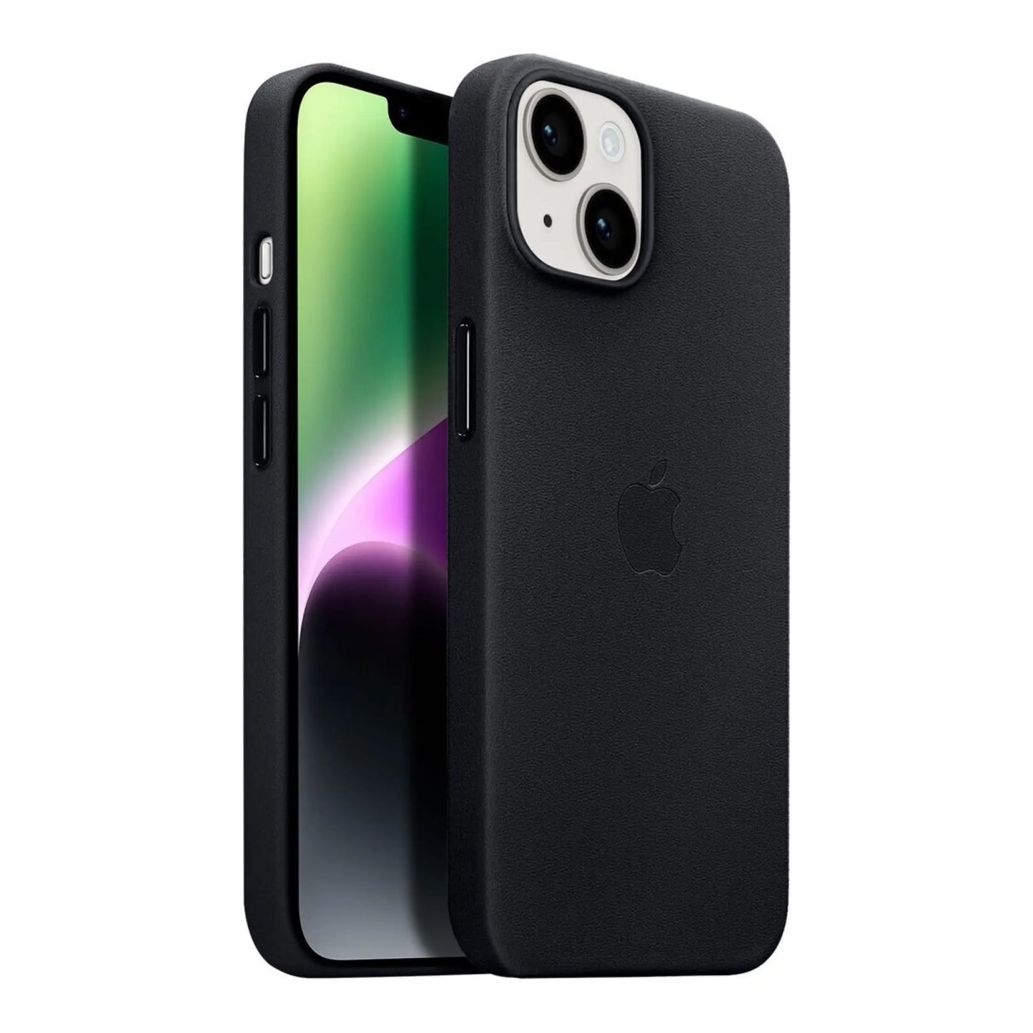 Das Bild zeigt die Apple iPhone Handyhülle MPP93ZM/A aus Leder. Sie ist kompatibel mit dem iPhone 14 Plus. In der Farbe Mitternacht aus der Schrägansicht.