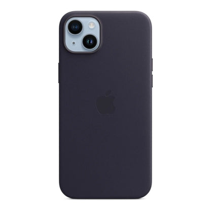 Das Bild zeigt die Apple iPhone Handyhülle MPPC3ZM/A aus Leder. Sie ist kompatibel mit dem iPhone 14 Plus. In der Farbe Tinte aus der Frontansicht.