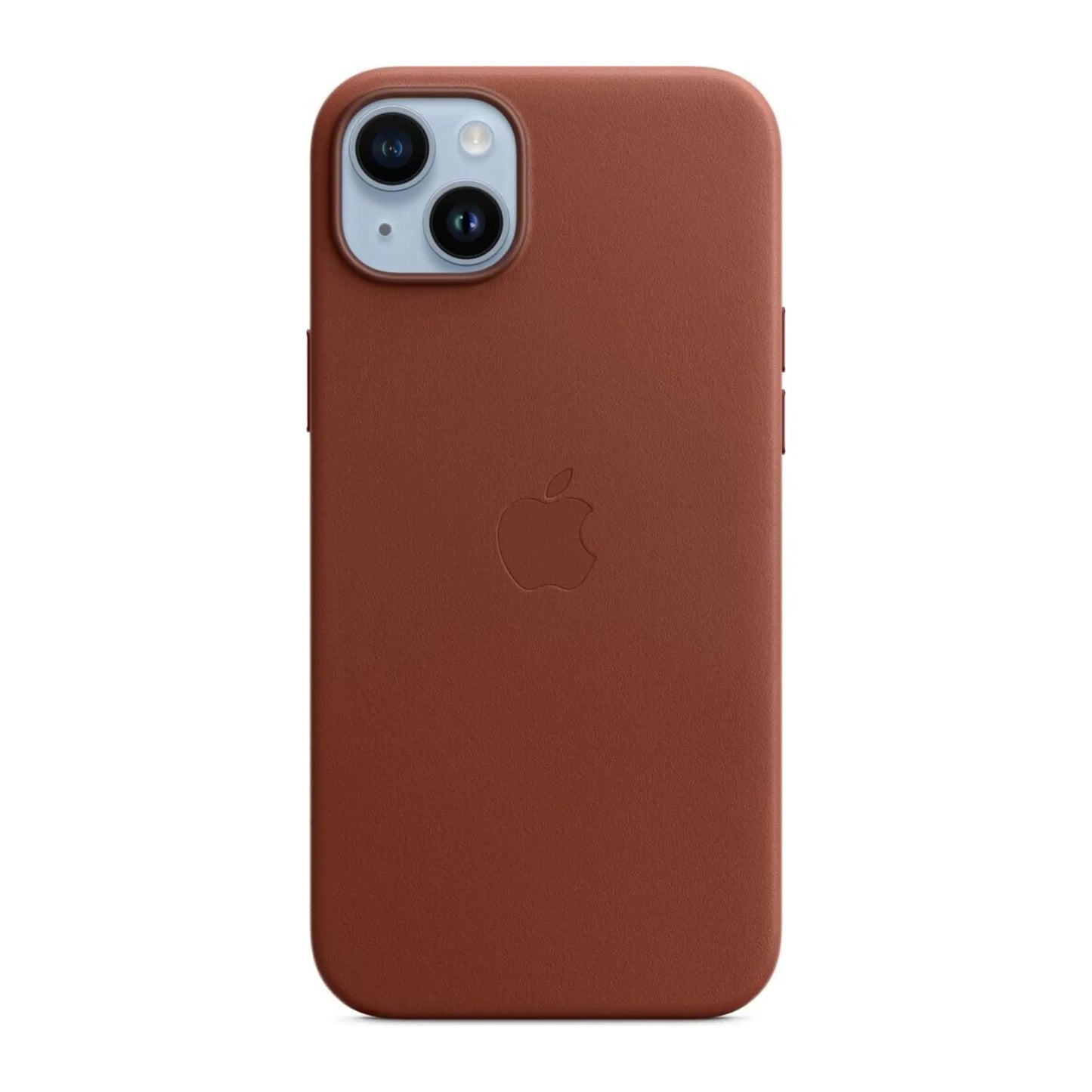 Das Bild zeigt die Apple iPhone Handyhülle MPPD3ZM/A aus Leder. Sie ist kompatibel mit dem iPhone 14 Plus. In der Farbe Umbra aus der Frontansicht.