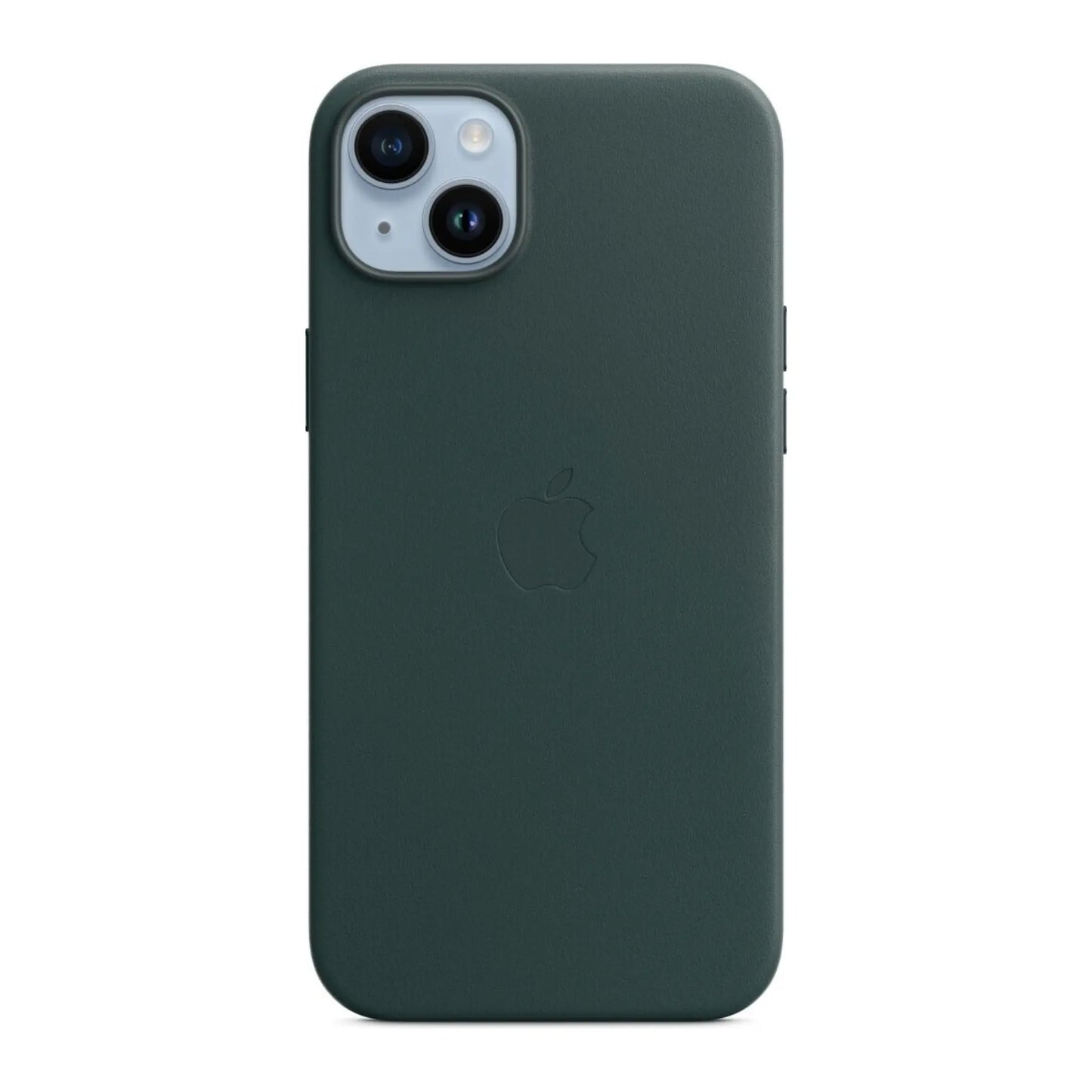 Das Bild zeigt die Apple iPhone Handyhülle MPPA3ZM/A aus Leder. Sie ist kompatibel mit dem iPhone 14 Plus. In der Farbe Waldgrün aus der Frontansicht.