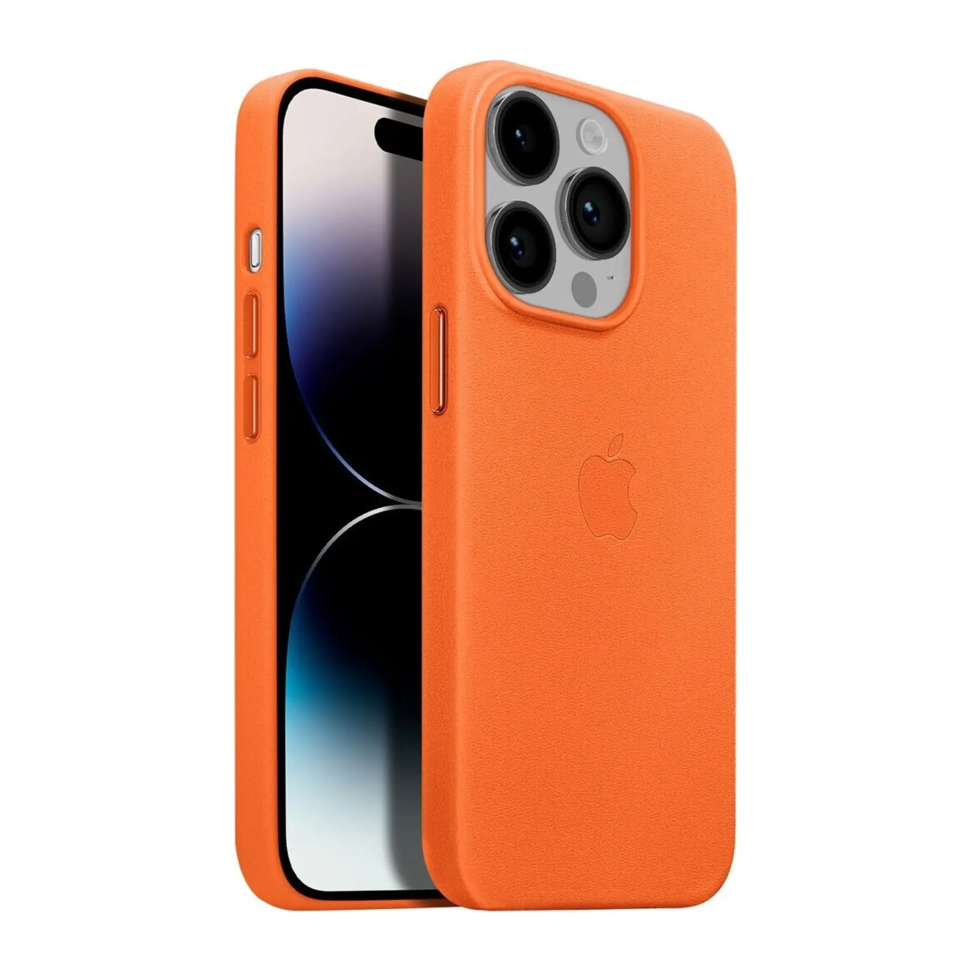 Das Bild zeigt die Apple iPhone Handyhülle MPPR3ZM/A aus Leder. Sie ist kompatibel mit dem iPhone 14 Pro Max. In der Farbe Orange aus der Schrägansicht.