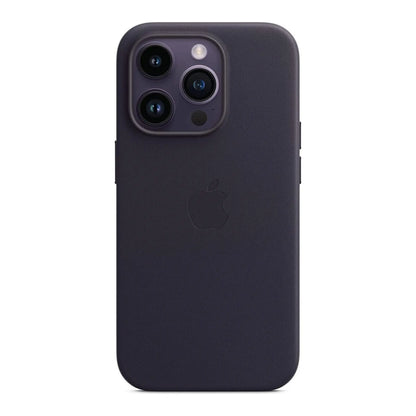 Das Bild zeigt die Apple iPhone Handyhülle MPPP3ZM/A aus Leder. Sie ist kompatibel mit dem iPhone 14 Pro Max. In der Farbe Tinte aus der Frontansicht.