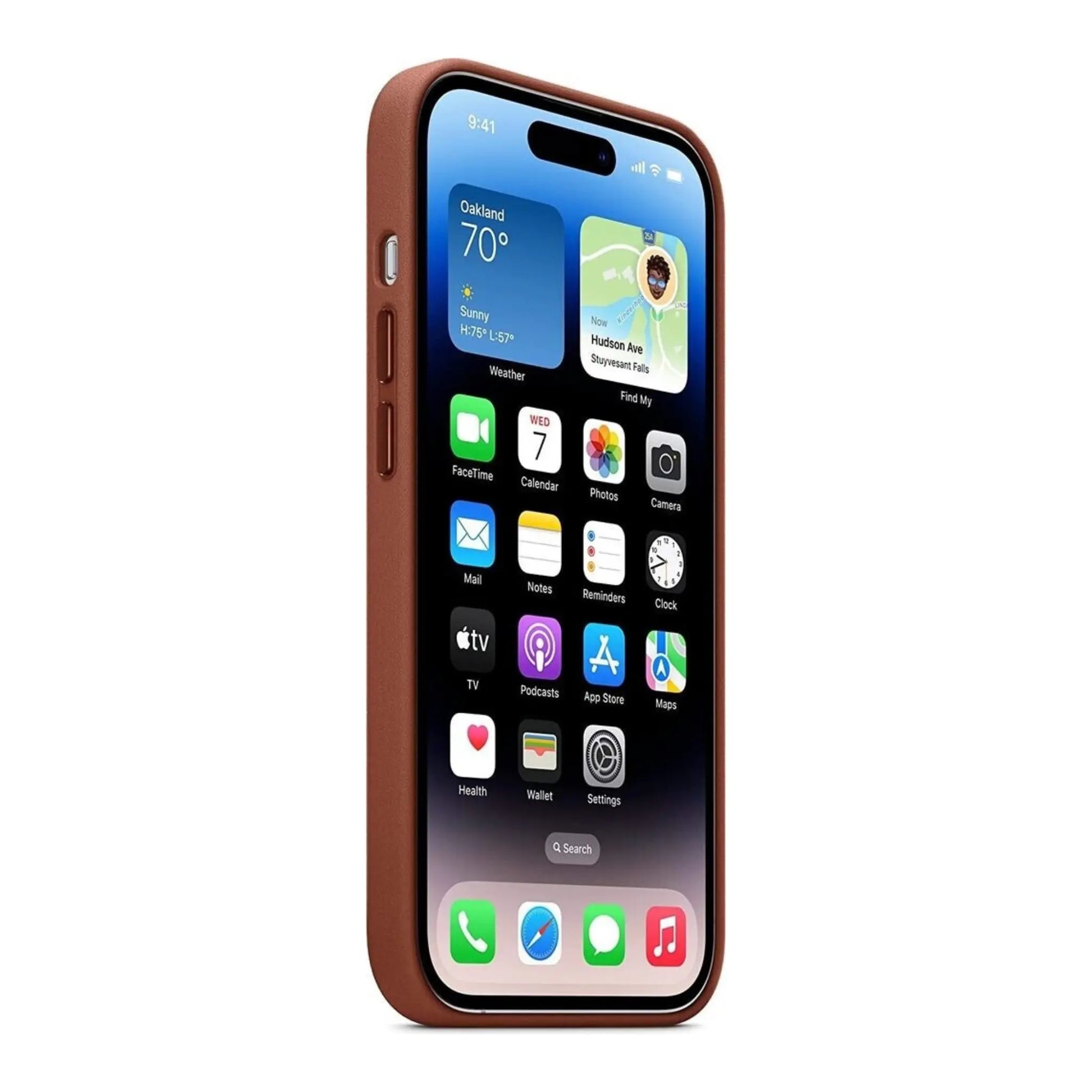 Das Bild zeigt die Apple iPhone Handyhülle MPPQ3ZM/A aus Leder. Sie ist kompatibel mit dem iPhone 14 Pro Max. In der Farbe Umbra aus der Seitenansicht.