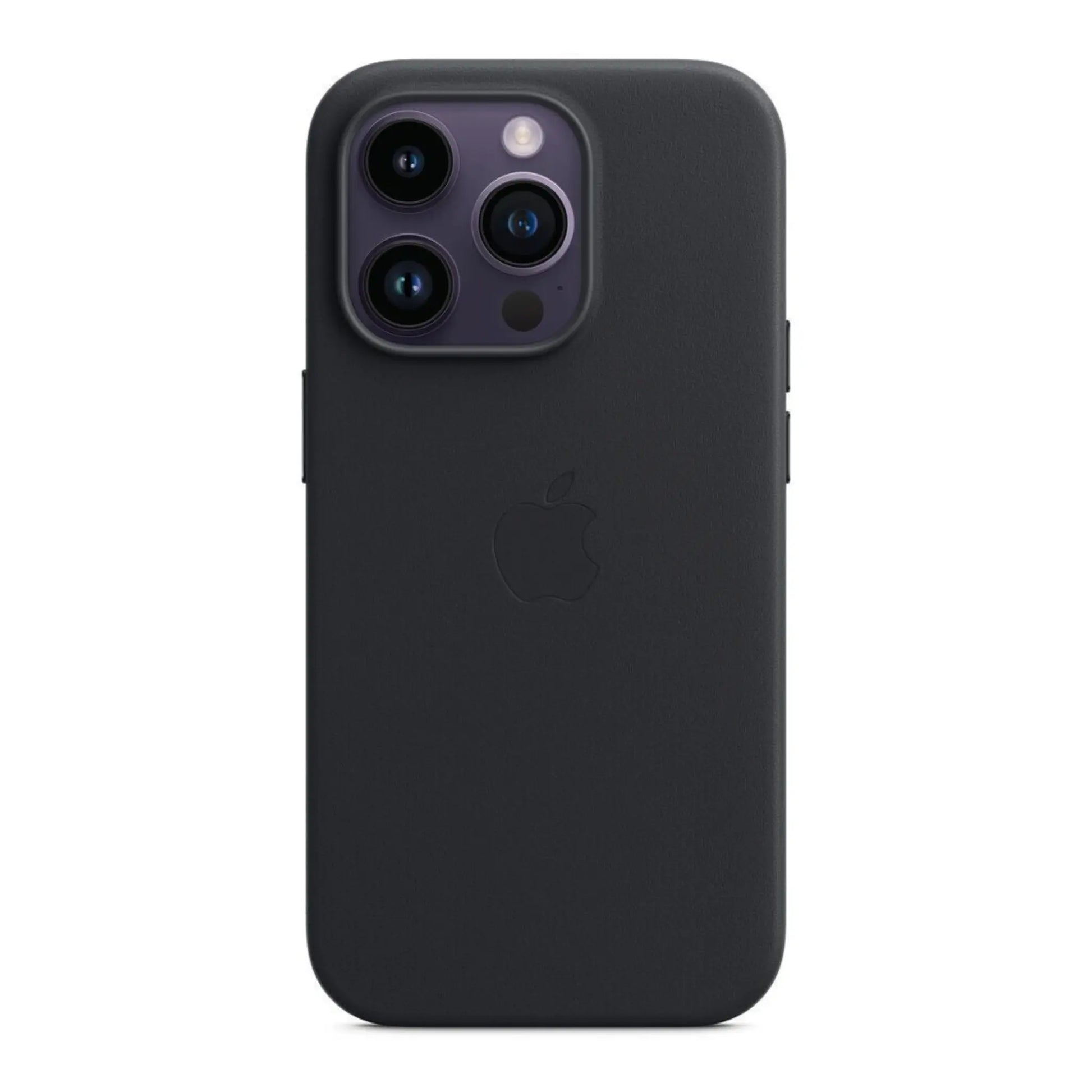 Das Bild zeigt die Apple iPhone Handyhülle MPPG3ZM/A aus Leder. Sie ist kompatibel mit dem iPhone 14 Pro. In der Farbe Mitternacht aus der Frontansicht.