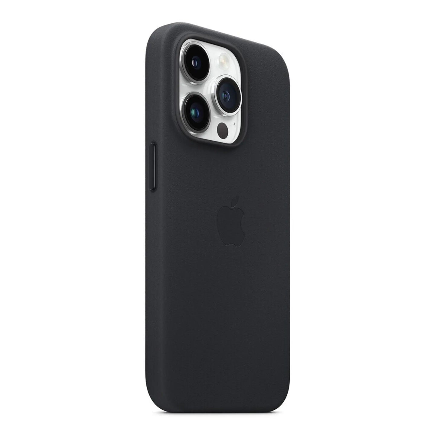 Das Bild zeigt die Apple iPhone Handyhülle MPPG3ZM/A aus Leder. Sie ist kompatibel mit dem iPhone 14 Pro. In der Farbe Mitternacht aus der Schrägansicht.