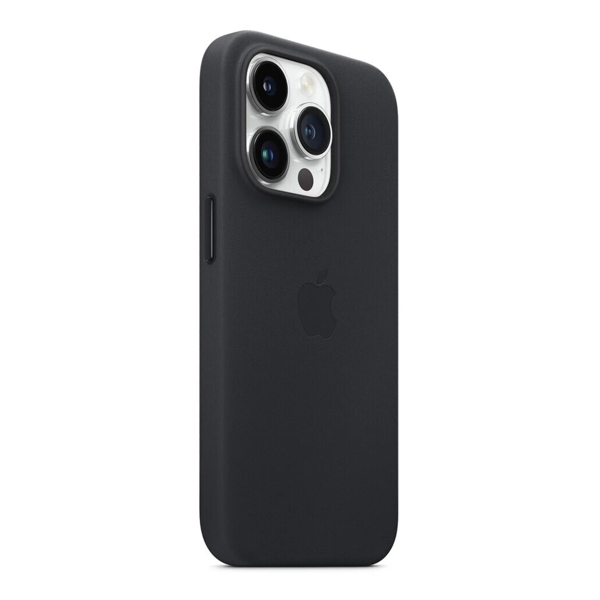 Das Bild zeigt die Apple iPhone Handyhülle MPPG3ZM/A aus Leder. Sie ist kompatibel mit dem iPhone 14 Pro. In der Farbe Mitternacht aus der Schrägansicht.